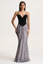 Aeris | Black Velvet And Silver Sequin Plunge-Neck Maxi Dress