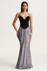 Aeris | Black Velvet And Silver Sequin Plunge-Neck Maxi Dress