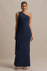 Adelina | Navy One-Shoulder Maxi Dress With Drape