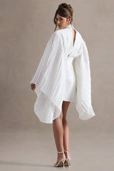 Charity | White Pleated High-Neck Mini Dress With Cape Sleeves
