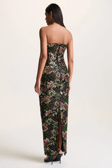 Cora | Winter Floral Embellished Mesh Bandeau Maxi Dress With Scarf