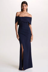 Eva | Navy Bardot Bow Detail Maxi Dress With Thigh Split