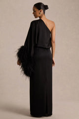 Felicity | Black Satin Asymmetric-Neck Maxi Dress With Feather Detailing