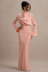 Celina | Light Pink Satin High-Neck Maxi Dress