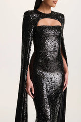 Adeline | Black Sequin Crew-Neck Midi Dress With Cape Sleeves