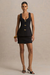 Angel | Black Plunge-Neck Tailored Mini Dress With Gold-Detailing