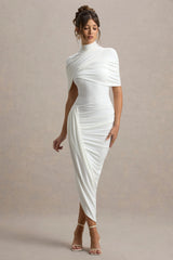 Enchant | White Asymmetric Twisted Cape Midi Dress