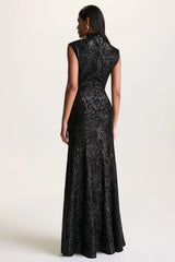Cecy | Black Sequin High-Neck Maxi Dress With Cap Sleeves