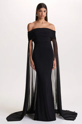 Carlotta | Black Bardot Maxi Dress With Chiffon Cape