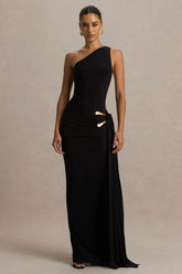 Bonnie | Black Asymmetric-Neck Maxi Dress With Open-Back