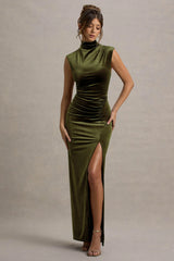 Abilene | Olive Velvet High-Neck Split Maxi Dress