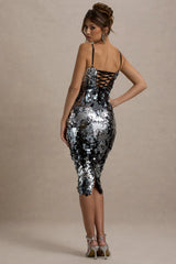 Azure | Silver Sequin Strappy Midi Dress