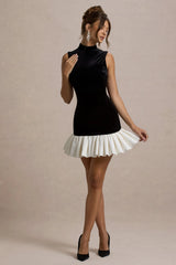 Baxter | Black & White Velvet Mini Dress With Satin Ruffle Trim