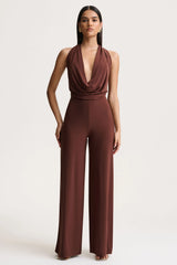 Clemence | Brown Plunge-Neck Jumpsuit