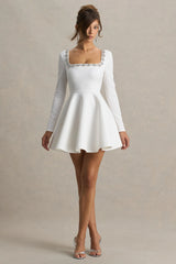 Astonish | White Long-Sleeve Embellished Square-Neck Mini Dress With Volume Skirt