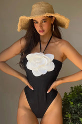 Daisy Delight | Black & White Halter-Neck Swimsuit With Corsage
