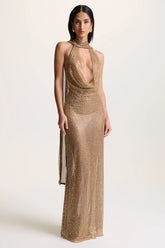 Anele | Gold Sequin High-Neck Sheer Maxi Dress With Sash And Open-Back