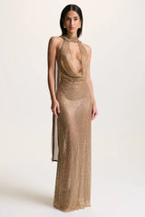 Anele | Gold Sequin High-Neck Sheer Maxi Dress With Sash And Open-Back