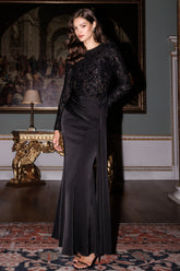 Beau | Black Lace High-Neck Maxi Dress With Draped Detail