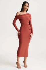 Elliora | Rust Asymmetric-Neck Midi Dress