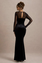 Ashby | Black Velvet Embellished Square-Neck Split Maxi Dress
