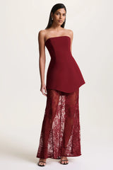 Brandi | Burgundy Bandeau Maxi Dress With Lace Skirt