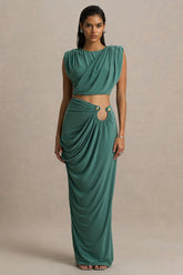 Avaline | Green Wrap Maxi Skirt With Ruched Detailing