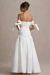 Ethel | White & Cream Bardot Maxi Dress With Volume Skirt