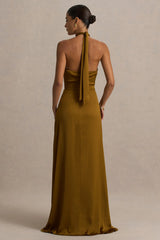 Aleera | Olive Chiffon Halter-Neck Maxi Dress With Cut-Out Detail