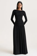 Aniyah | Black High-Neck Maxi Dress With Ruched Detailing