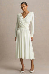 Alexis | Cream Plunge-Neck Midi Dress With Draped And Ruched Detailing