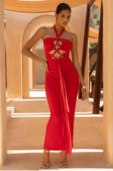 Erin | Red Halter-Neck Maxi Dress With Cut-Out Detail