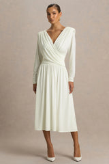 Alexis | Cream Plunge-Neck Midi Dress With Draped And Ruched Detailing