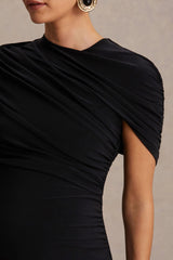 Eleni | Black Crew-Neck Maternity Maxi Dress With Cape-Sleeves And Drop Waist