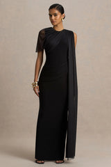 Brenda | Black Crew-Neck Maxi Dress With Mesh Cape And Sash
