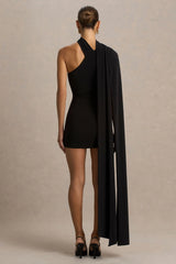 Arianne | Black Asymmetric-Neck Mini Dress With Scarf Detail