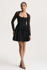 Elowen | Black Square-Neck Mini Dress With Lace-Sleeves