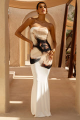 Ceremony | Cream And Black Floral Print Bandeau Maxi Dress