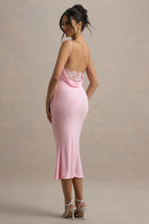 Addison | Pink Cowl-Neck Open-Back Midi Dress With Lace