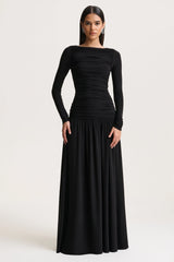Aniyah | Black High-Neck Maxi Dress With Ruched Detailing