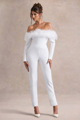 Ales | White Bardot Tailored Straight-Leg Jumpsuit With Feather Trim