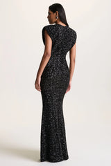 Aurah | Black Sequin Crew-Neck Maxi Dress With Cap Sleeves