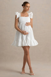 Dolly Daze | White Ruffle Sleeve Babydoll Maternity Mini Dress