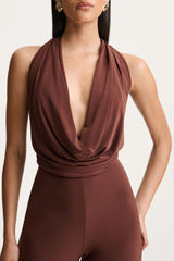 Clemence | Brown Plunge-Neck Jumpsuit