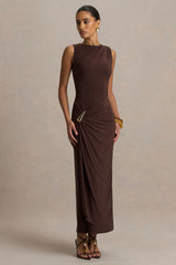 Fiora | Brown Wide-Neck Maxi Dress With Gathered Detail