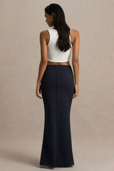 Elana | Navy Pinstripe Maxi Skirt With Front-High Split