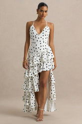 Bogota | Polka Dot Plunge-Neck Maxi Dress With Ruffling Details And Front High Split