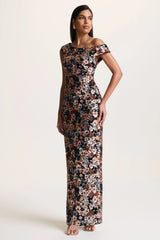 Electric | Black Velvet & Embellished Sequin Floral Asymmetric-Neck Maxi Dress