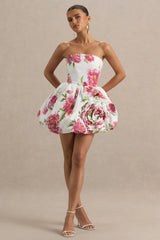 Adira | Cream Floral Print Bandeau Puffball Mini Dress With Ruffle Detail