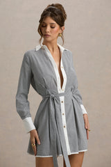 Beatriz | Grey Linen Pinstripe Mini Shirt Dress